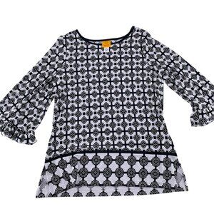 Ruby Rd. Geometric Print Ruffle Sleeve Top Black & White Size Medium 3/4 Sleeves